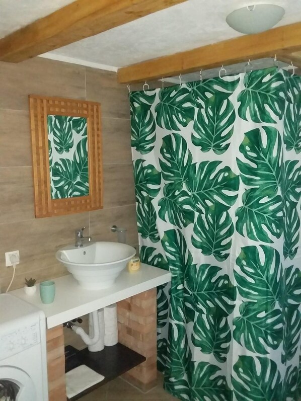 Estudio (Studio Apartment) | Baño | Regadera, amenidades de baño gratuitas, toallas