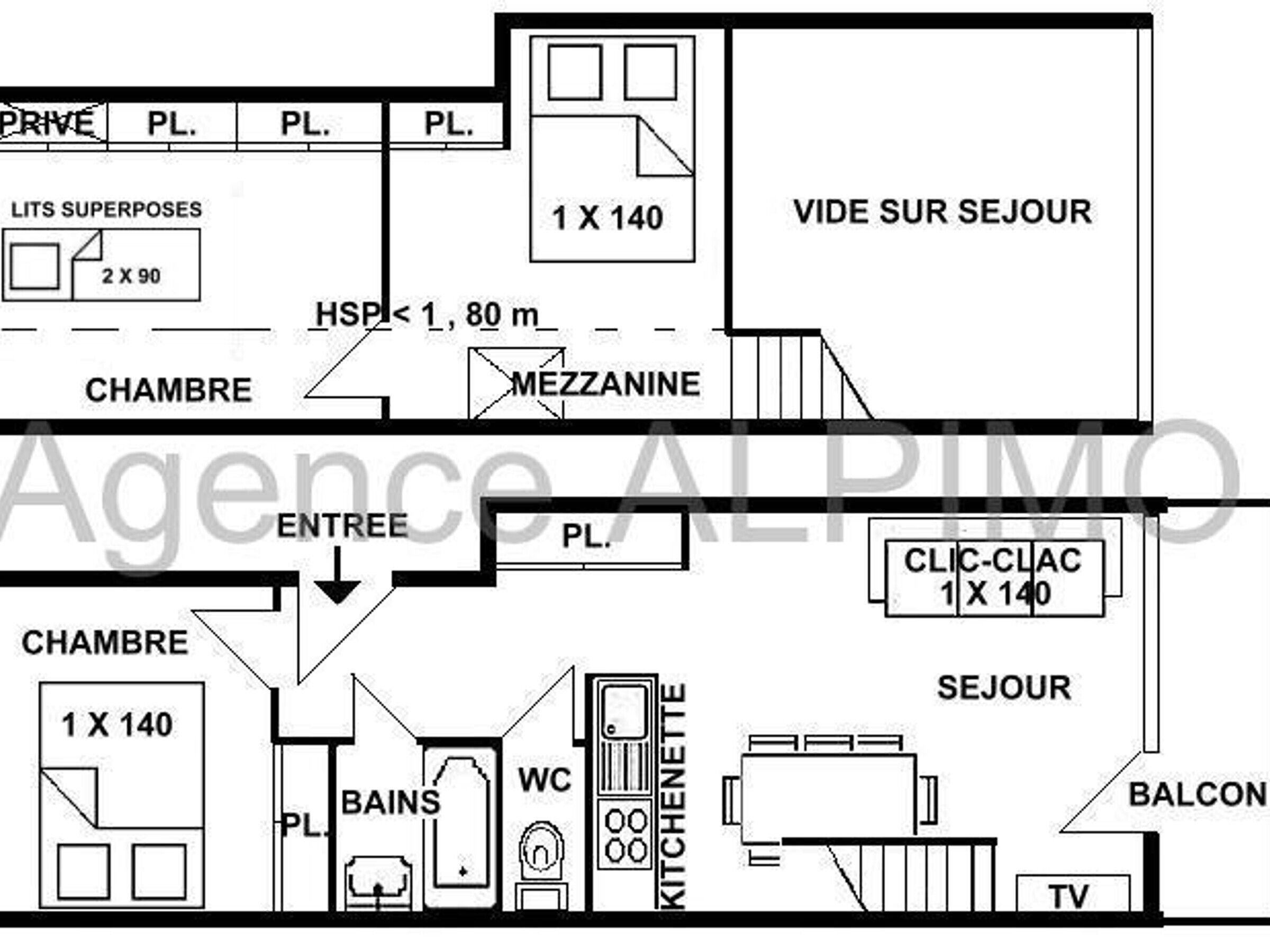A hotel floor plan with 1x140 rooms, a mezzanine, a kitchenette, a balcony, and a TV.