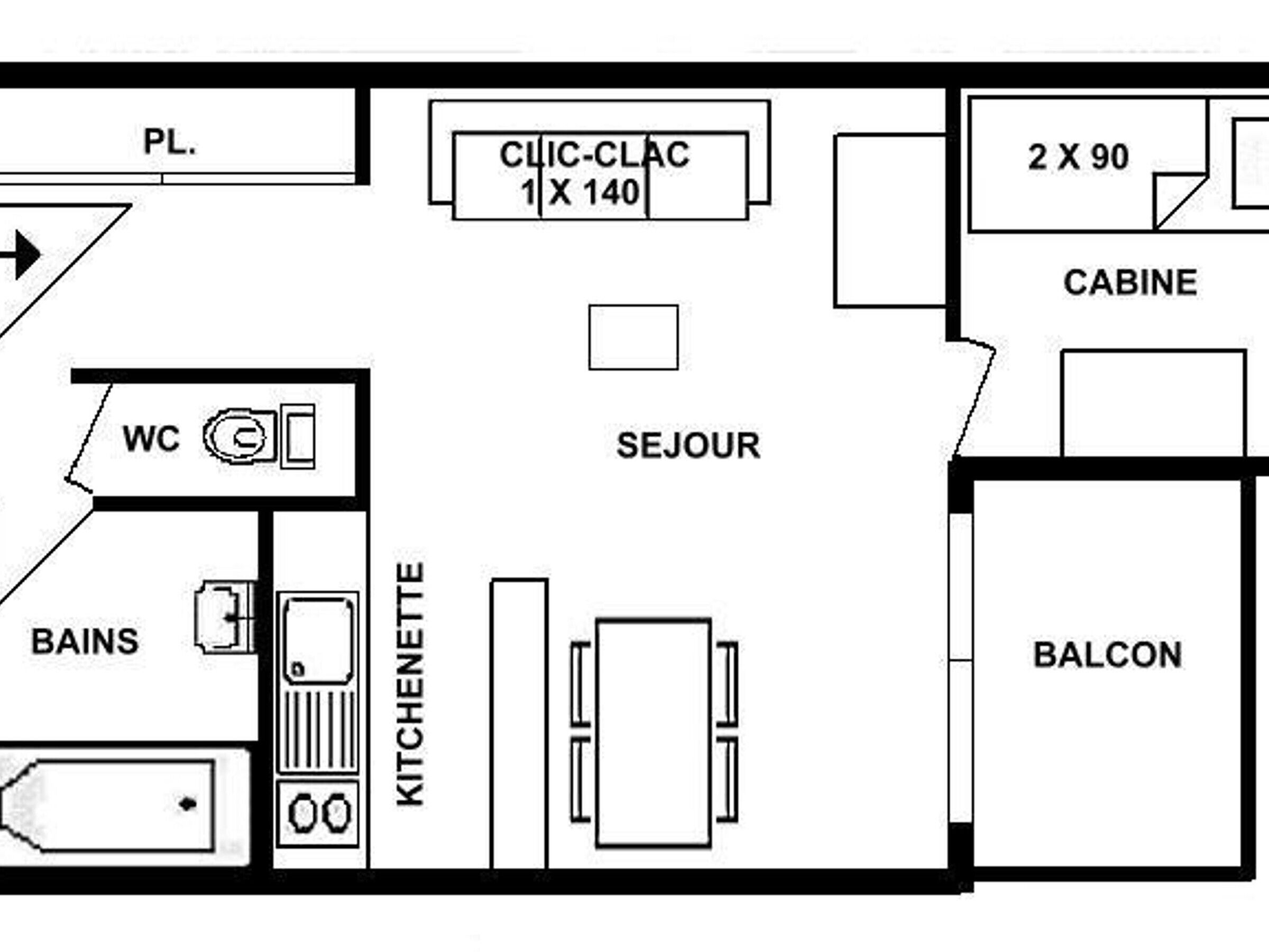 Plano de planta que muestra una cocina, un aseo, balcón y una cabaña.
