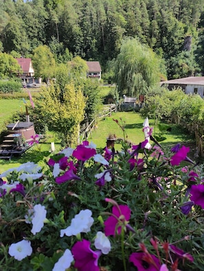 A rural landscape with houses, a garden, and a forested hill.