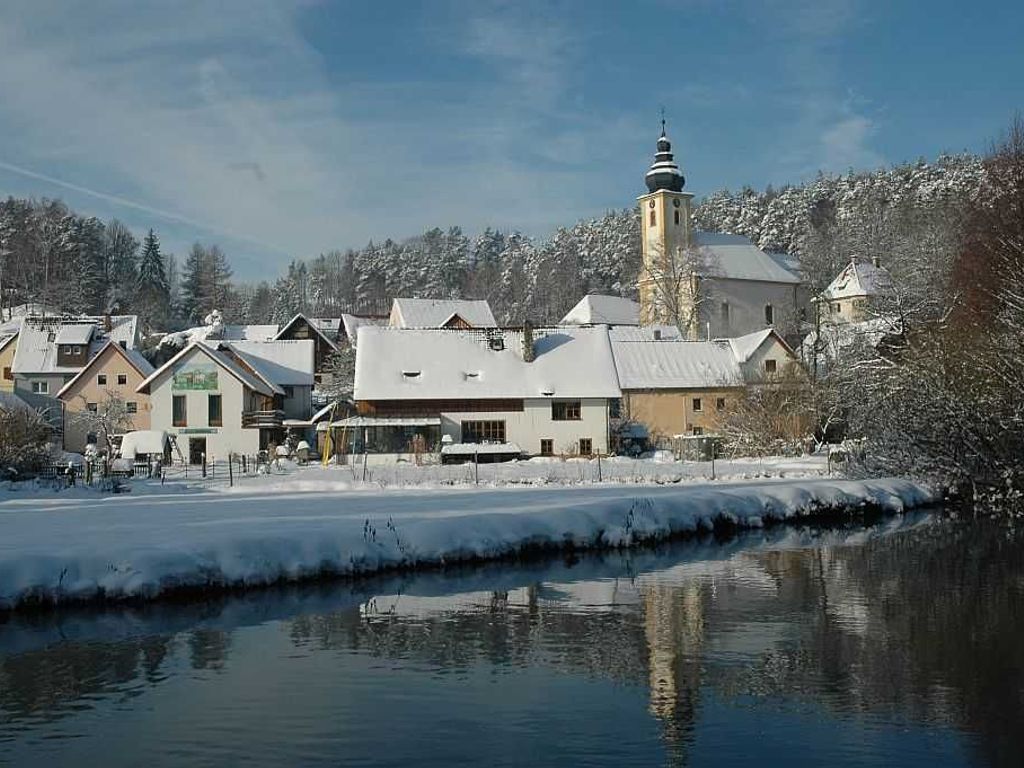 A town with buildings, a church with a tower, and a frozen river.
