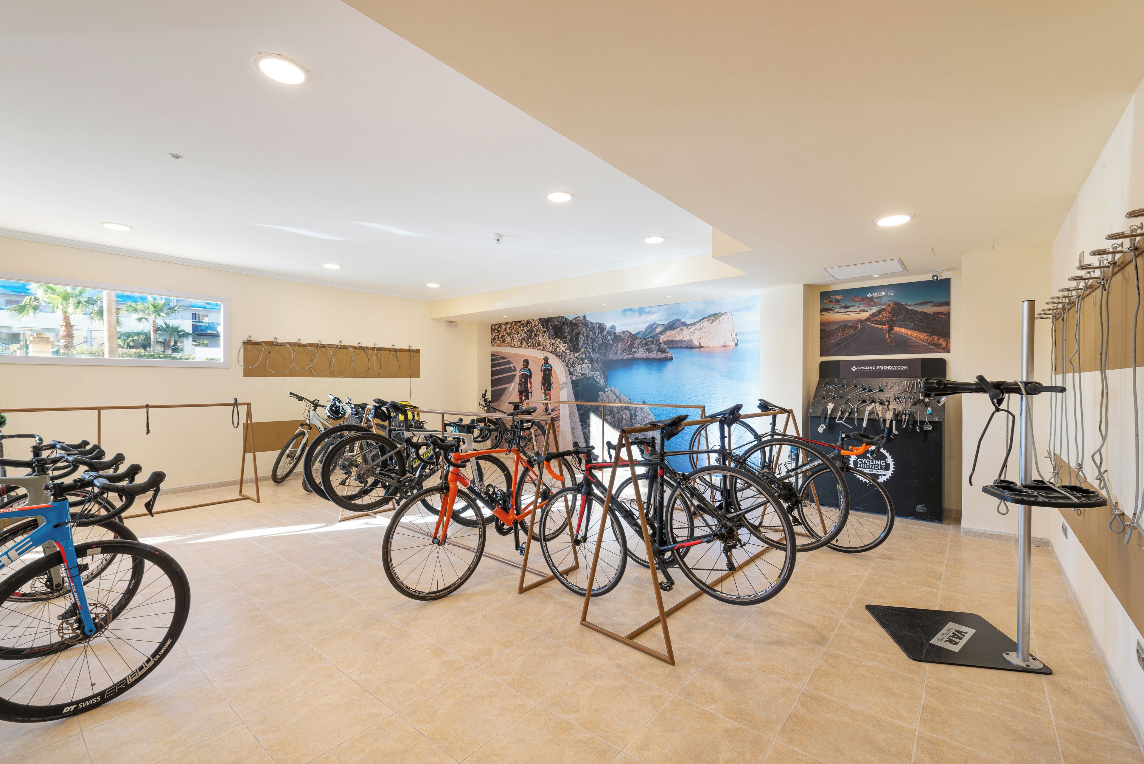 A bike rental shop with multiple bicycles and a large mural of a coastal landscape.