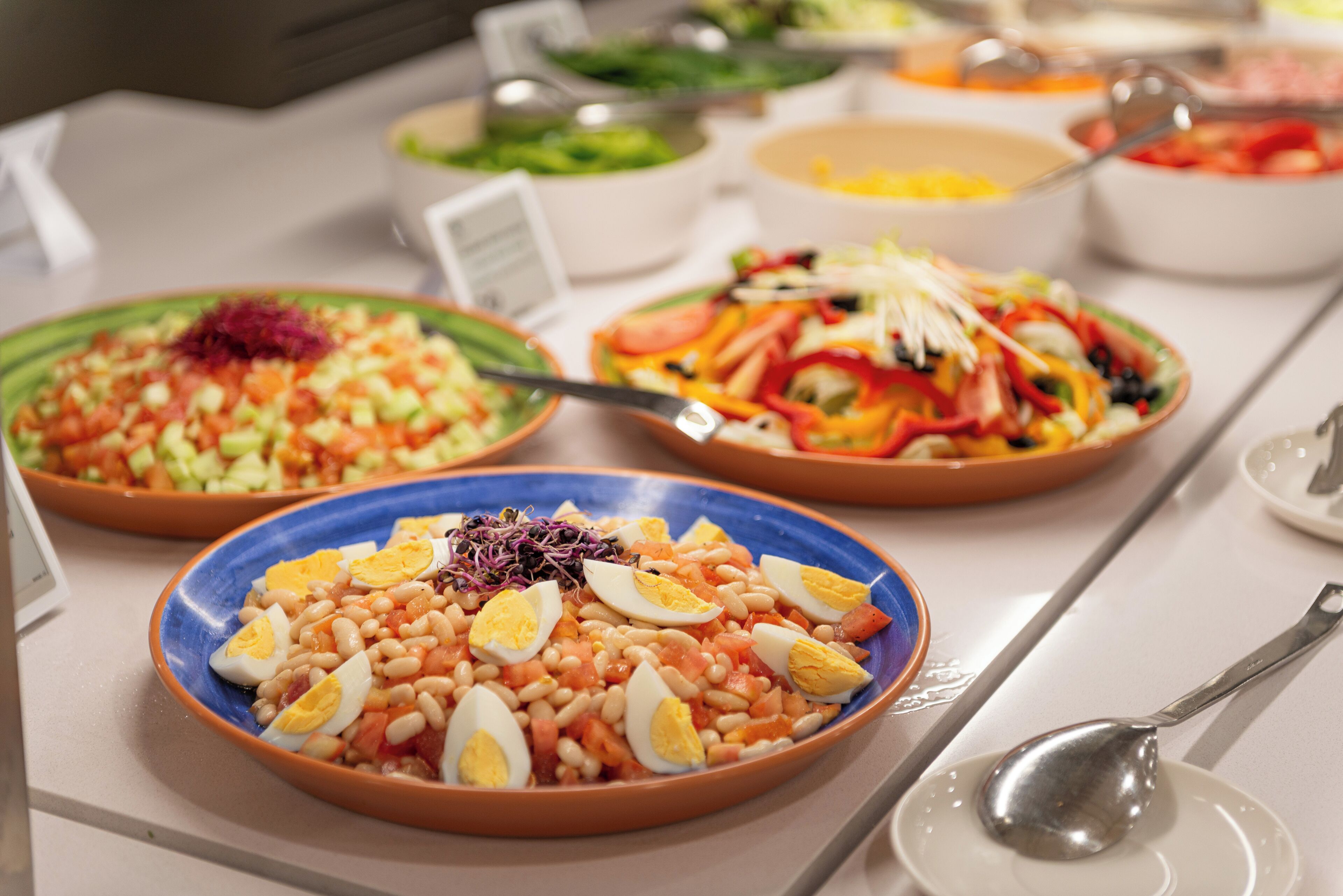 Ein Buffet mit verschiedenen Speisen, darunter Salate und ein Bohnensalat mit hartgekochten Eiern.