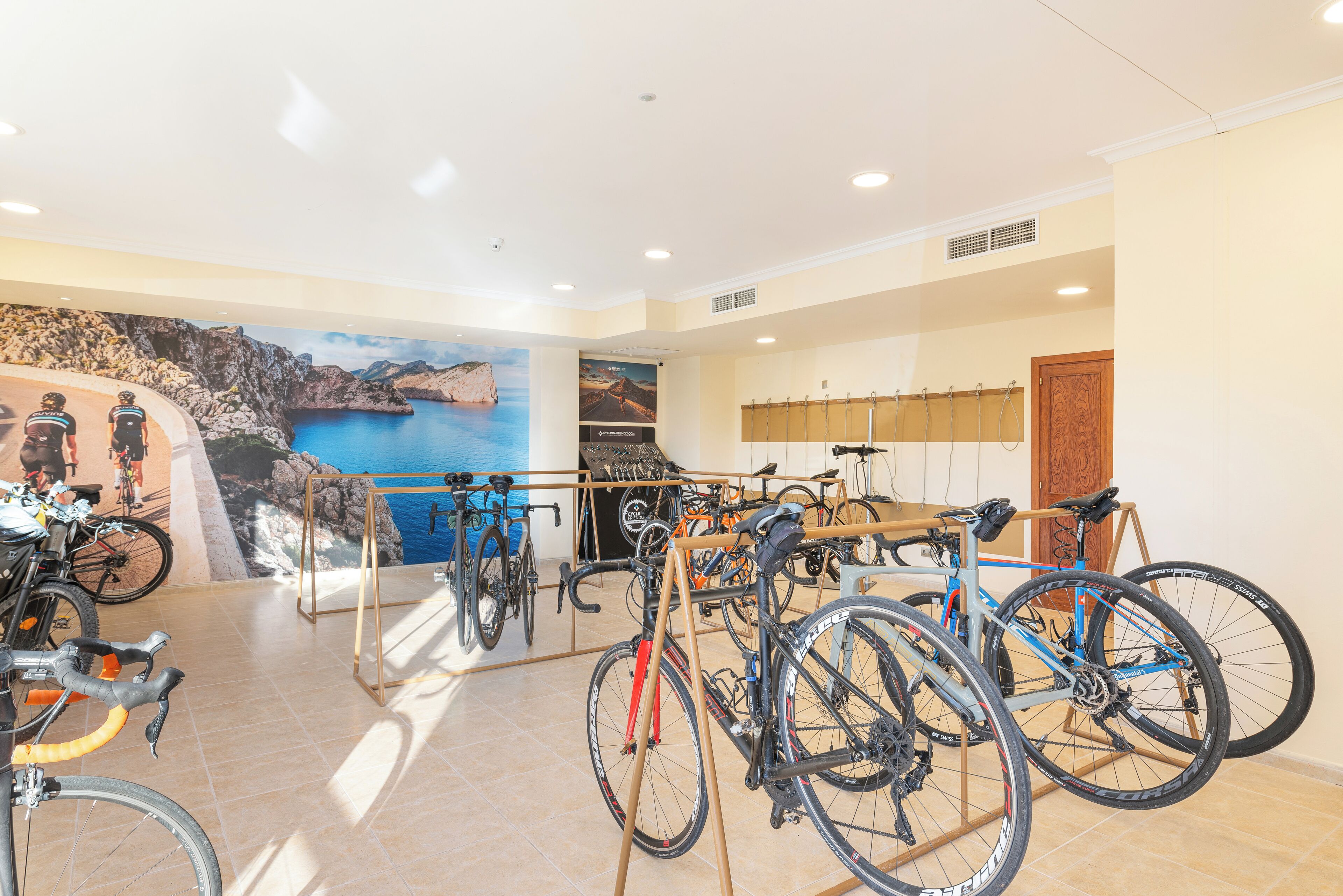 Zona de alquiler de bicicletas con varias unidades, un mural de paisaje costero y una puerta de madera.
