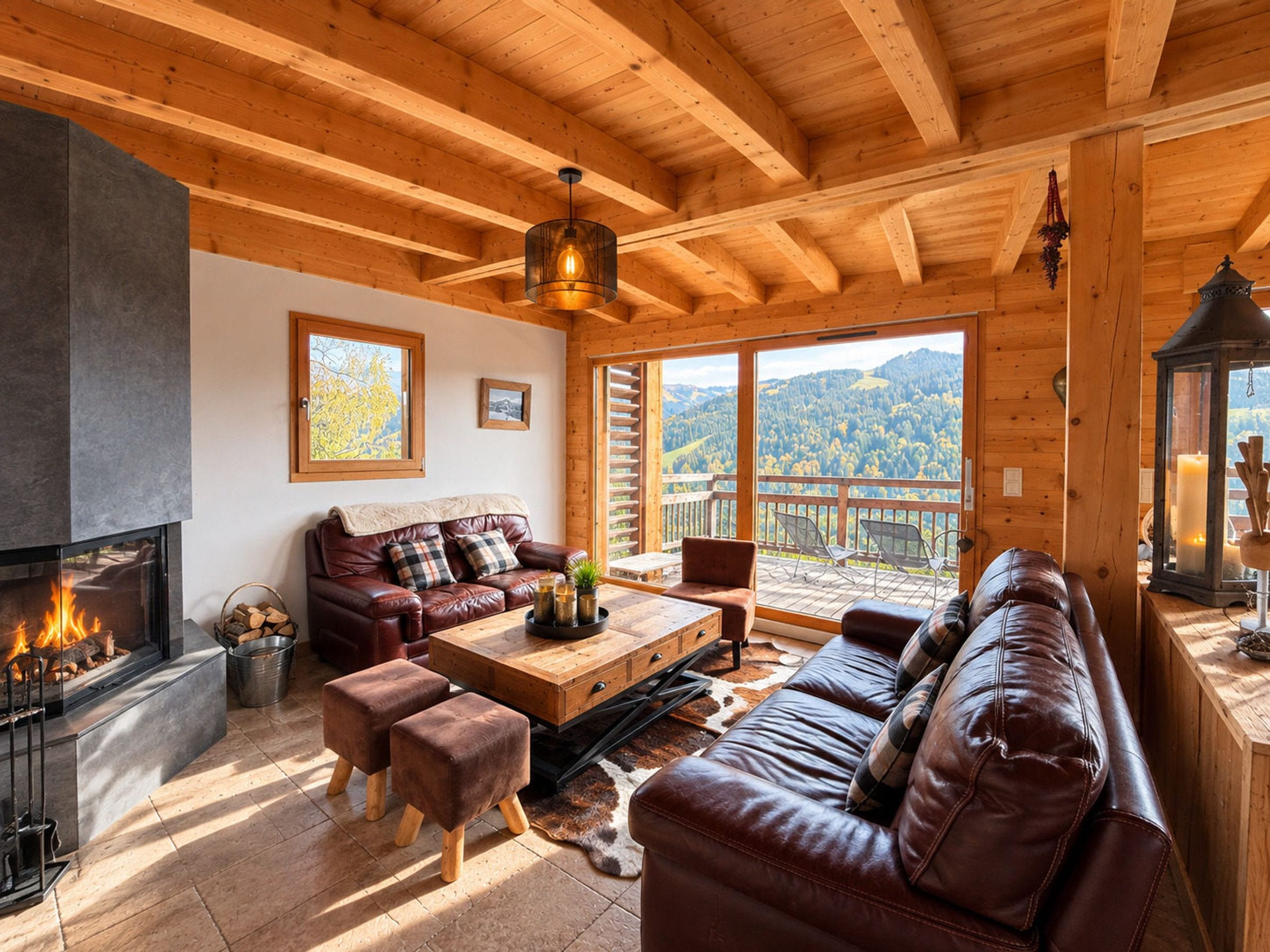 A cozy cabin interior with a fireplace, leather furniture, and a scenic mountain view.