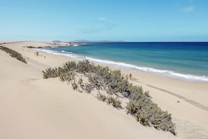 A beach with sand dunes, a clear blue ocean, and sparse vegetation. - Holiday Home “El Cortijo” with Terrace, Pool & Wi-Fi (La Oliva)