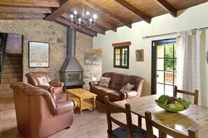 Tv, eldstad, dvd-spelare och ett bordtennisbord