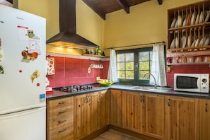 Eine Küche mit Holzausstattung, einem weißen Kühlschrank, einer Mikrowelle und einem Fenster mit Blick.