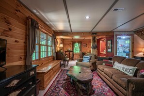 TV, fireplace, books