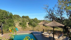 Ein Swimmingpool mit Liegestühlen und einem Reetdachschirm, umgeben von Grünpflanzen und einem Zaun.