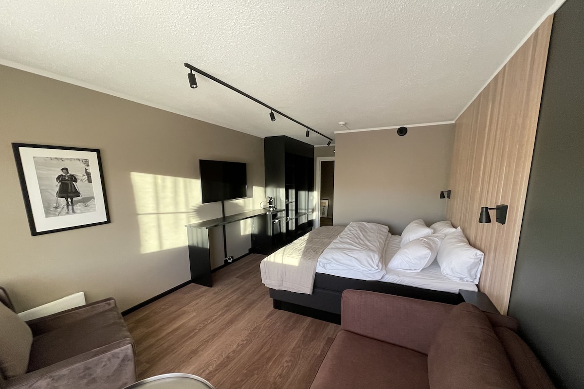 A modern hotel room with a bed, a sofa, a TV, and a desk.
