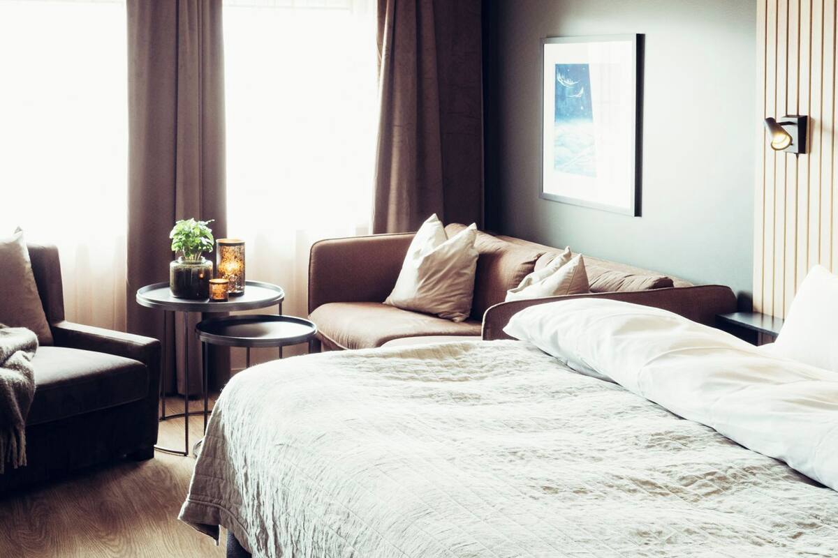 A modern hotel room with a large bed, a sofa, a small table with a plant, and a wall-mounted light fixture.