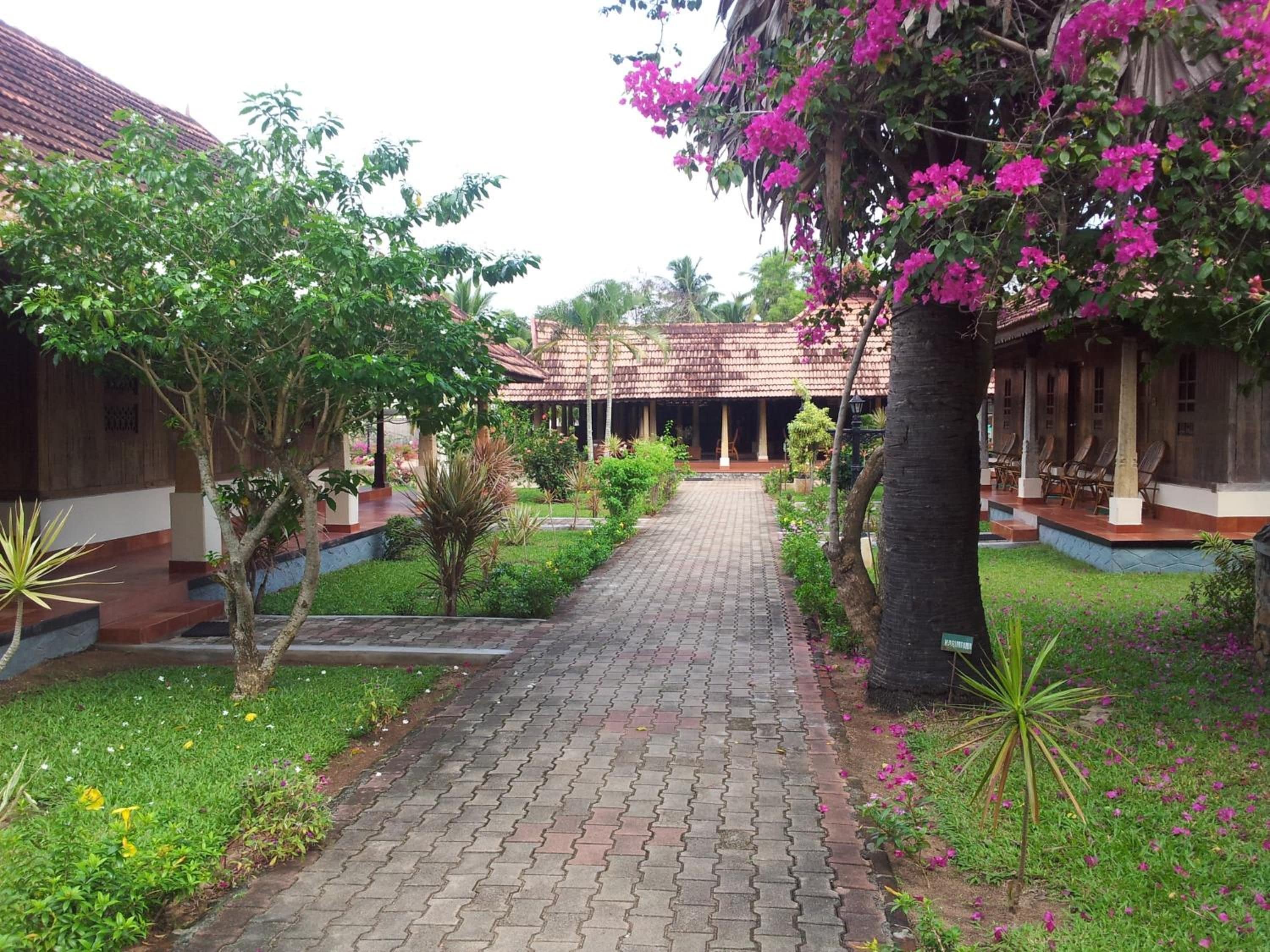 A pathway leading to a building with a tiled roof, surrounded by greenery and flowering plants.