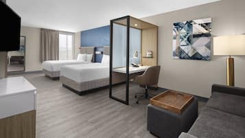 Desk, laptop workspace, blackout curtains, iron/ironing board