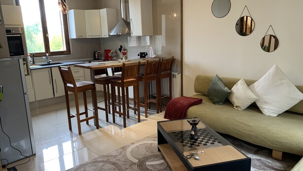 A modern kitchen with white cabinets, a dining area with wooden chairs, a glass coffee table, and a green sofa with decorative pillows.