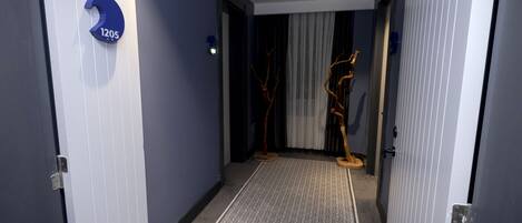 A hallway with a blue wall, a number sign '1205', and a patterned carpet.