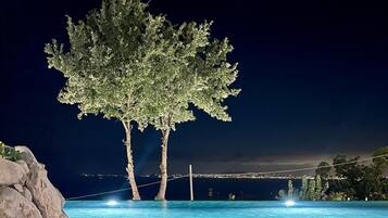 Piscina circondata da un pontile in legno, con alberi e rocce.