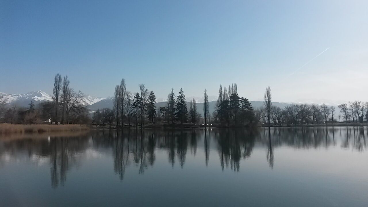 A calm lake with reflections of trees and mountains in the background.