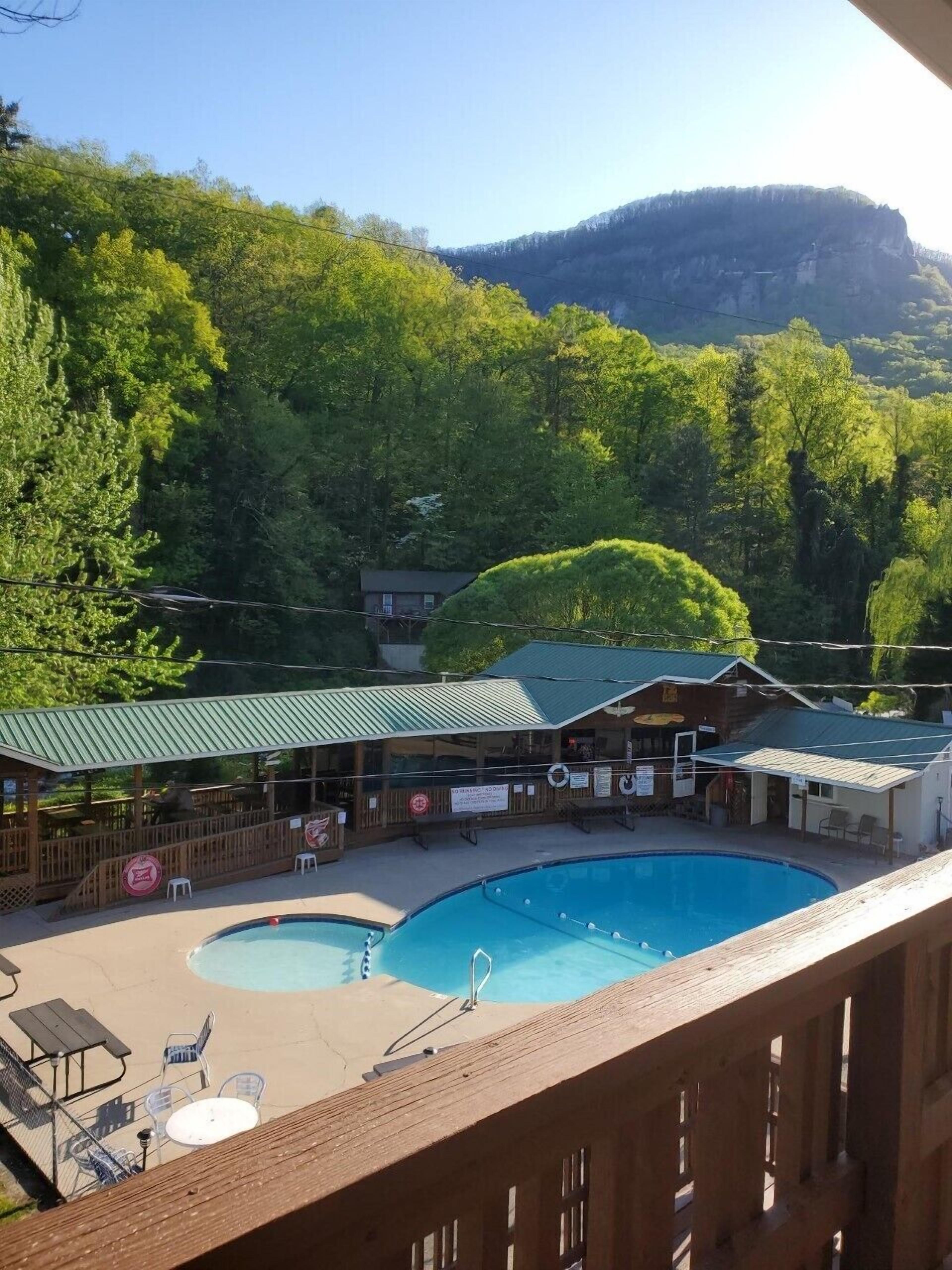 A pool area with a wooden deck, lounge chairs, and a building with a green roof.