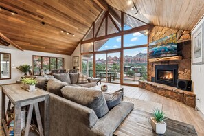 Smart TV, fireplace, video games, video library