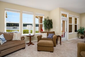 TV, fireplace, books