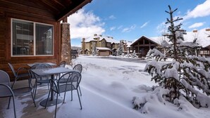 Une cabane en bois dotée d’un patio, de meubles d’extérieur et entourée d’un paysage enneigé.