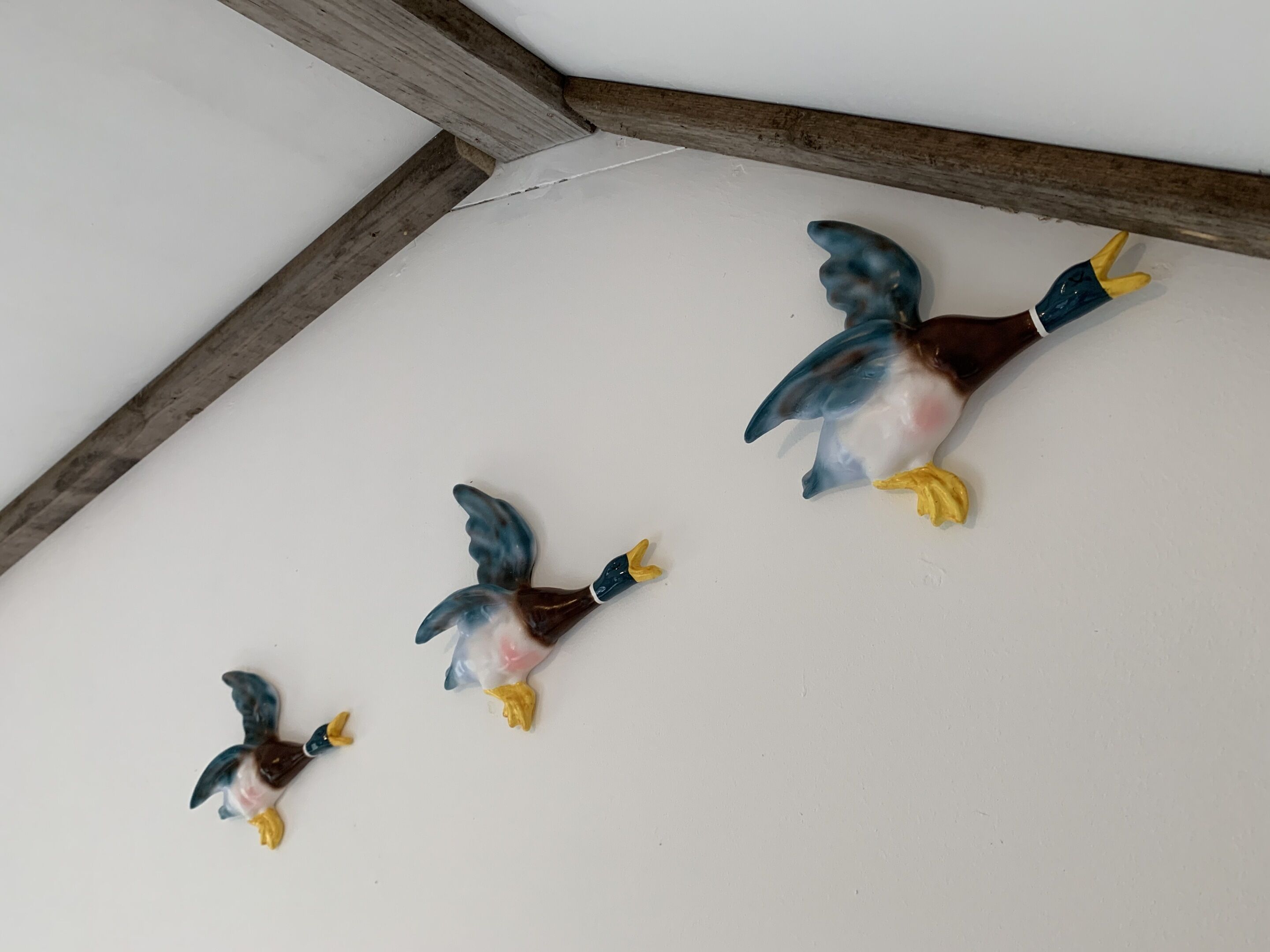 Three ceramic bird sculptures on a white ceiling.