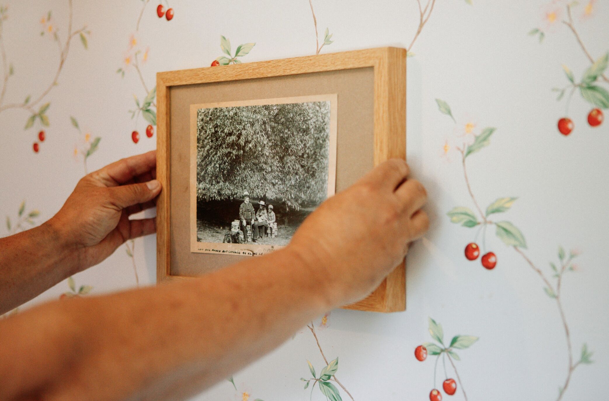 A framed photograph being hung on a wall with a floral wallpaper pattern.