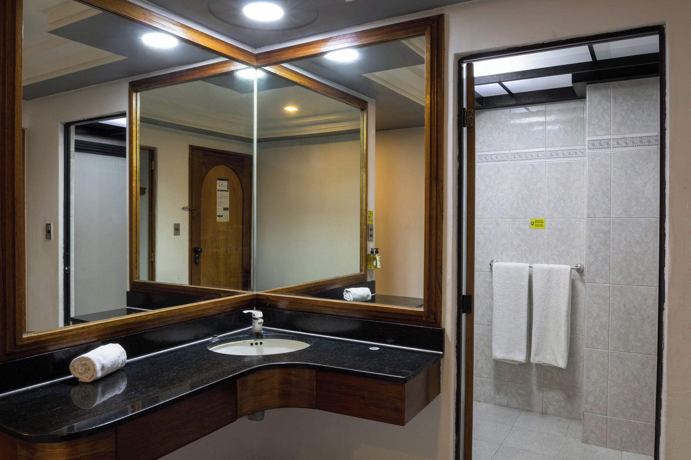 Une salle de bain avec un grand miroir, un lavabo et une douche.