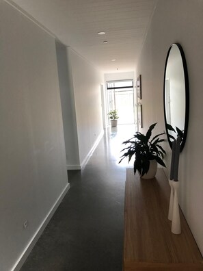 Stylish hallway with a large mirror, potted plant, and polished floor.