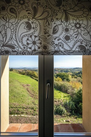 Une fenêtre donnant sur un paysage verdoyant, une porte avec une poignée et un rideau à motifs.