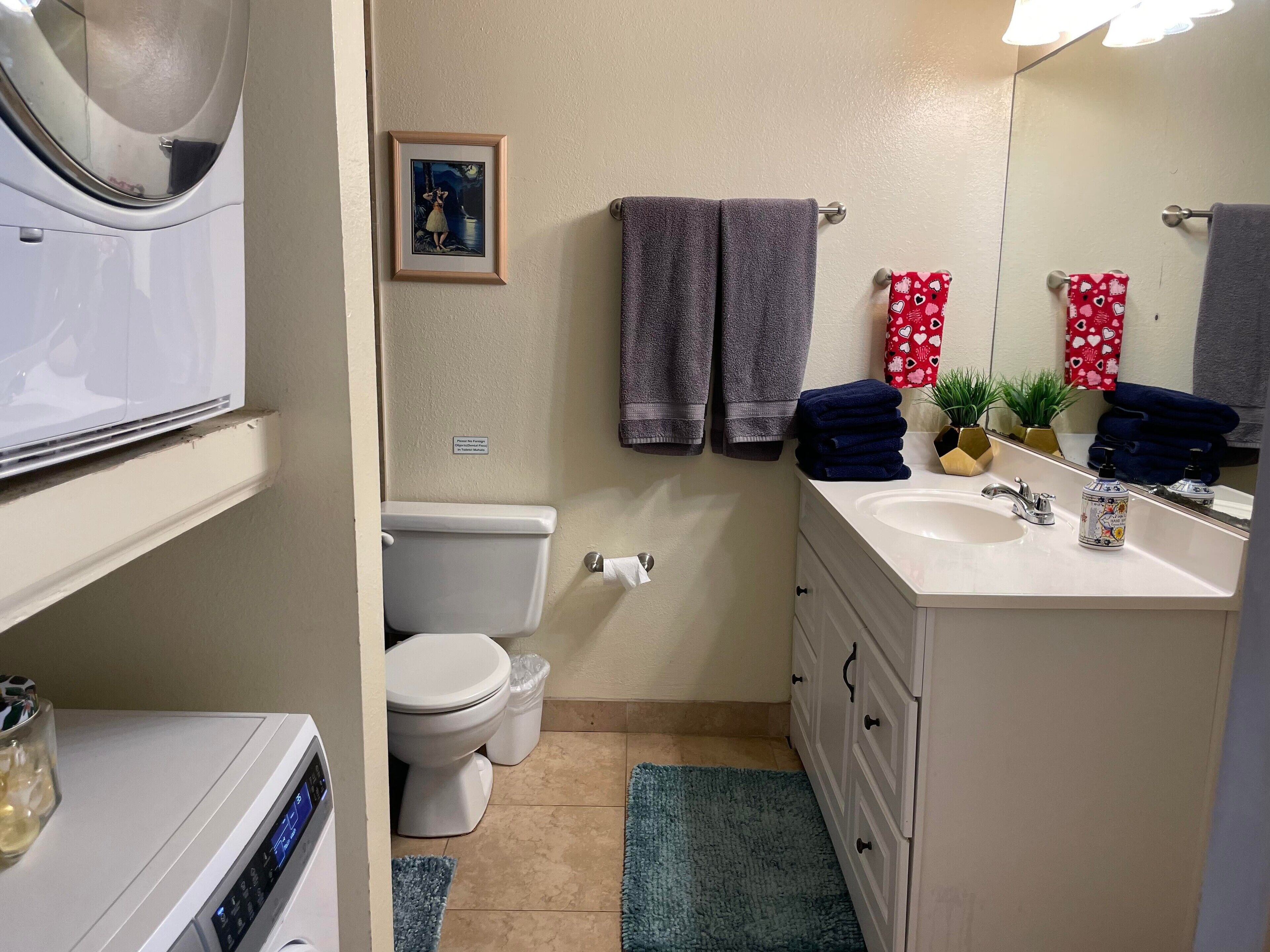 Combined shower/tub, hair dryer, towels, soap