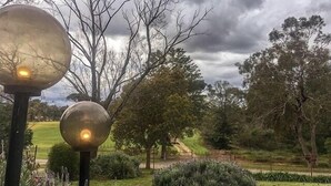 Ein Park mit zwei kugelförmigen Laternen, einer Rasenfläche und verschiedenen Bäumen.