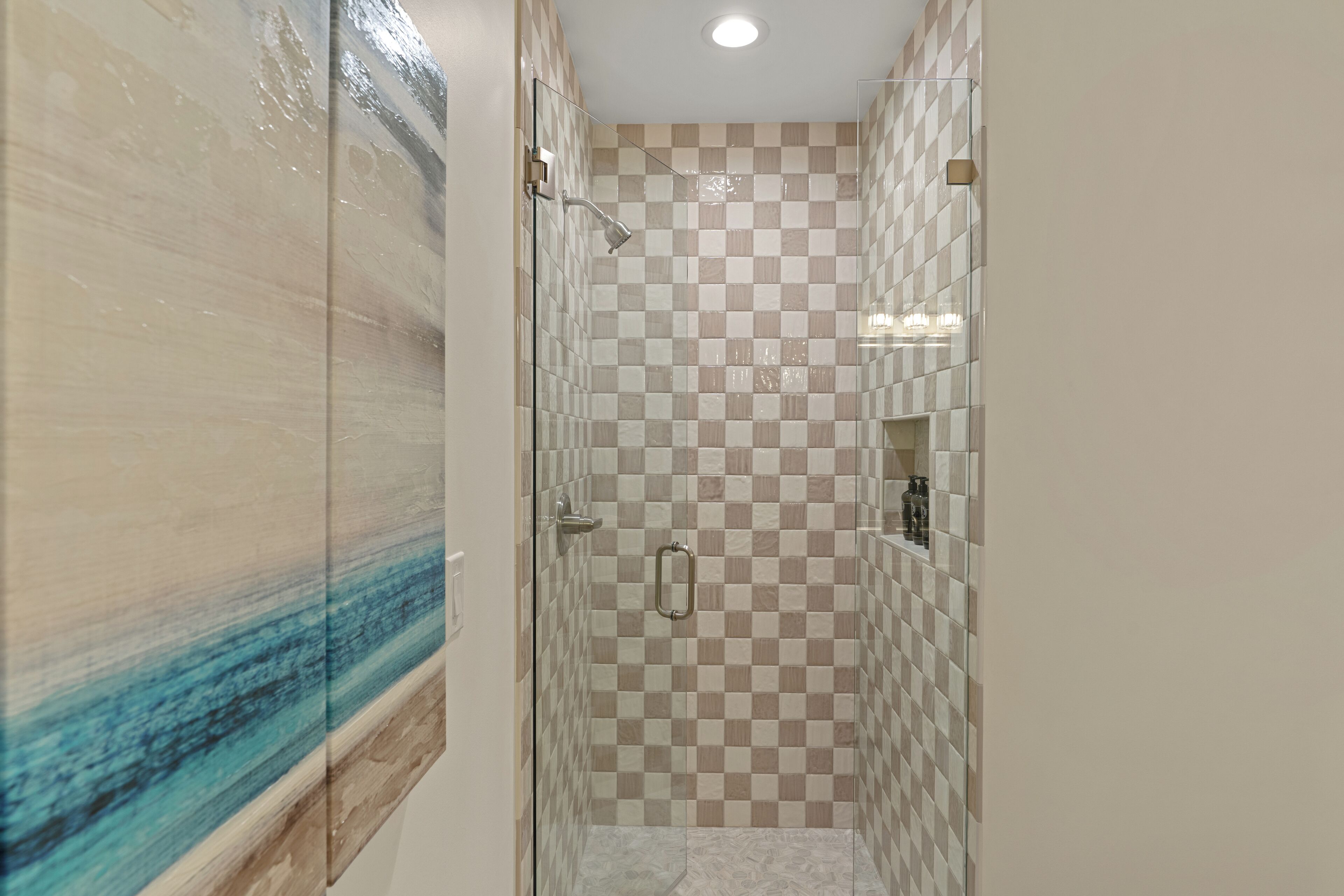 A narrow shower area with checkered tiles, a glass door, and a recessed ceiling light.