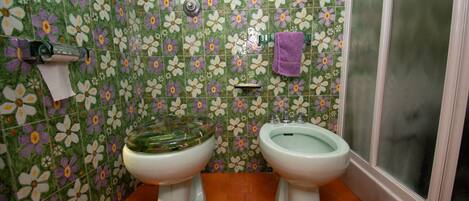 A bathroom with two toilets, a shower, and a tiled wall with a floral pattern.