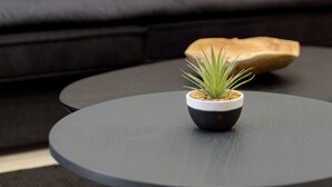 A modern living room with a black sofa, a round coffee table with a small potted plant, and a decorative wall piece. - Acropolis Deluxe Apartment (Athens)