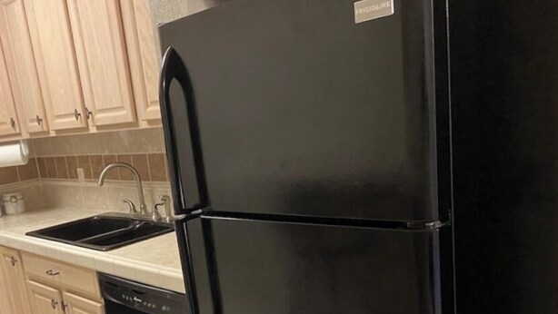 Eine Küche mit schwarzem Kühlschrank, Geschirrspüler und Holzschränken.