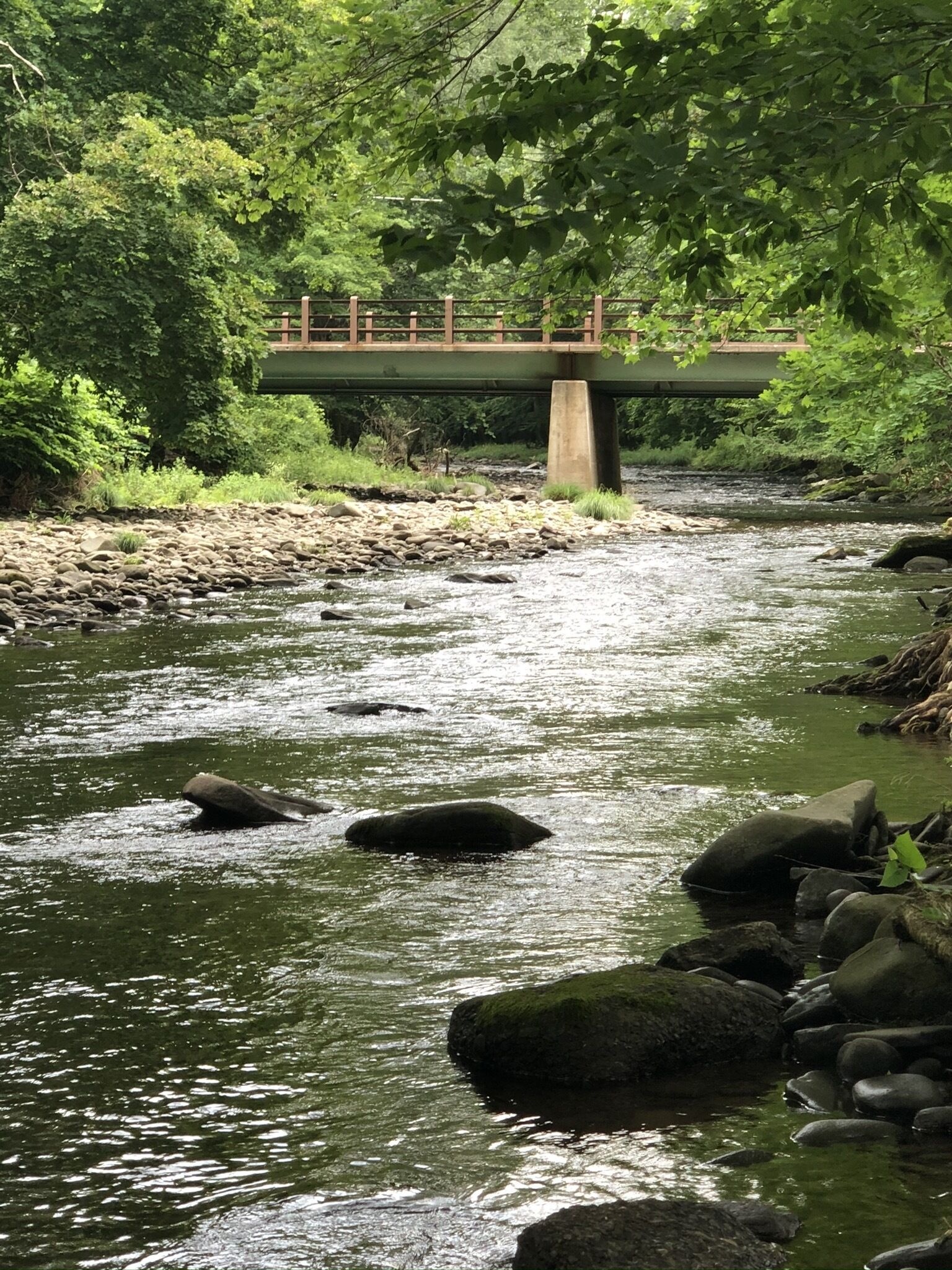 Un río con rocas y un puente al fondo.