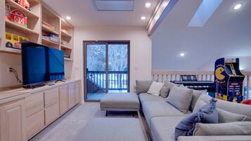 TV, fireplace, DVD player, toys