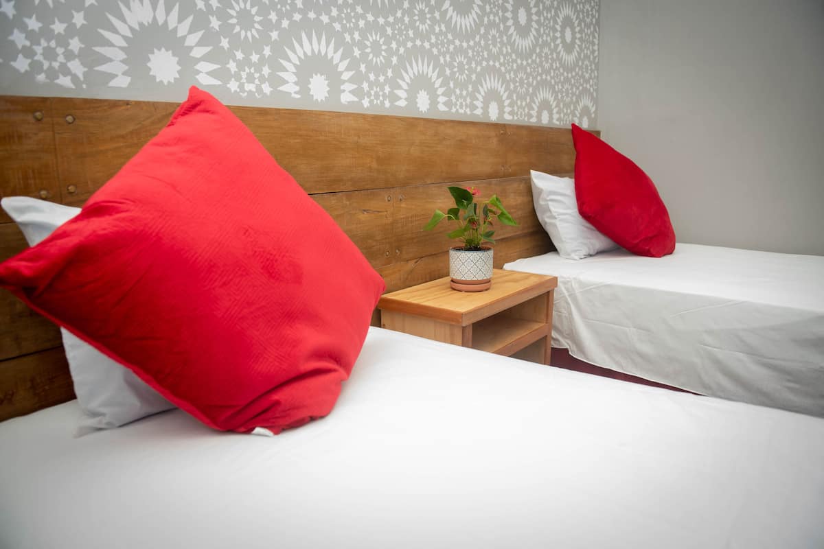 A hotel room with two single beds, each with a red pillow and white bedding. A small wooden nightstand with a potted plant is between the beds.