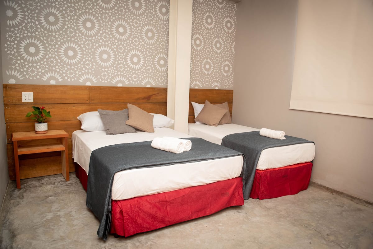 A room with two beds, each with a grey and red bedspread, a wooden headboard, and a nightstand with a plant.