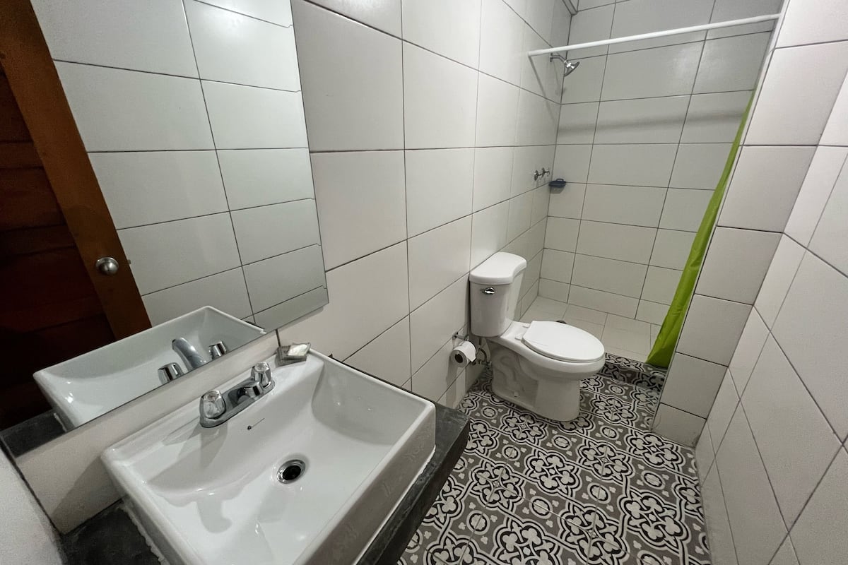 double room, no windows | bathroom | shower, towels, soap, toilet paper