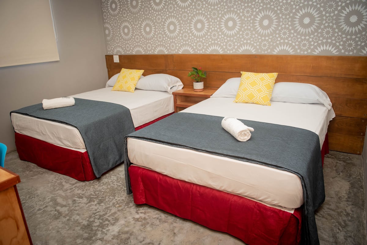 A hotel room with two beds, each with a red skirted base, white linens, and a grey blanket. There is a wooden headboard, a small bedside table with a plant, and a patterned wall.