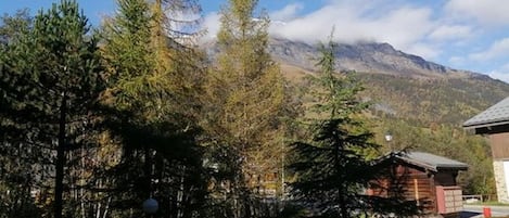 A cabin with a mountain backdrop, surrounded by trees and a clear sky.