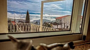 A view through a window with a metal railing, a distant mountain, and a building with a red roof.