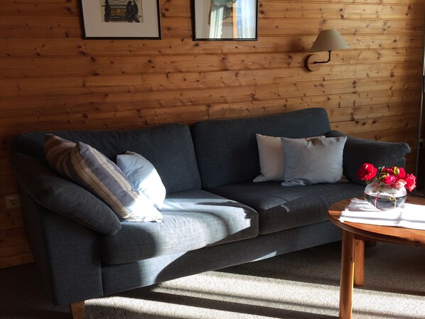 A room with a grey sofa, two pillows, a small wooden table with a vase of flowers, and a wall-mounted lamp.