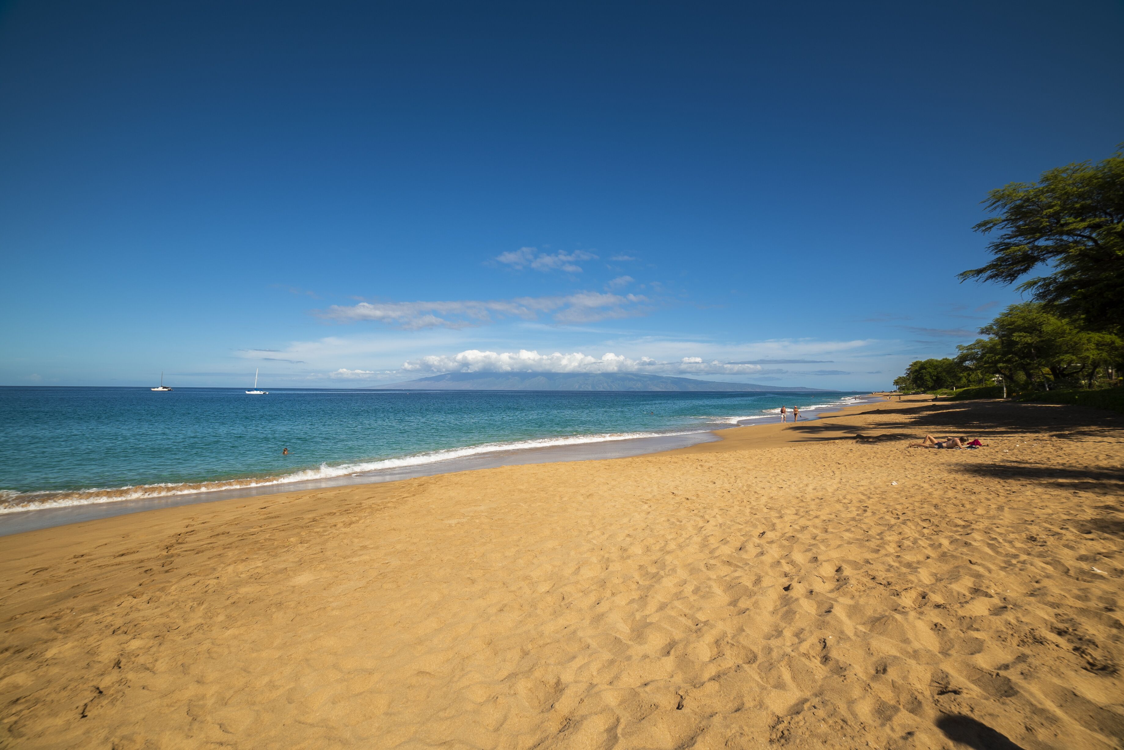 Une vaste plage de sable fin, sous un ciel bleu dégagé et une mer calme.