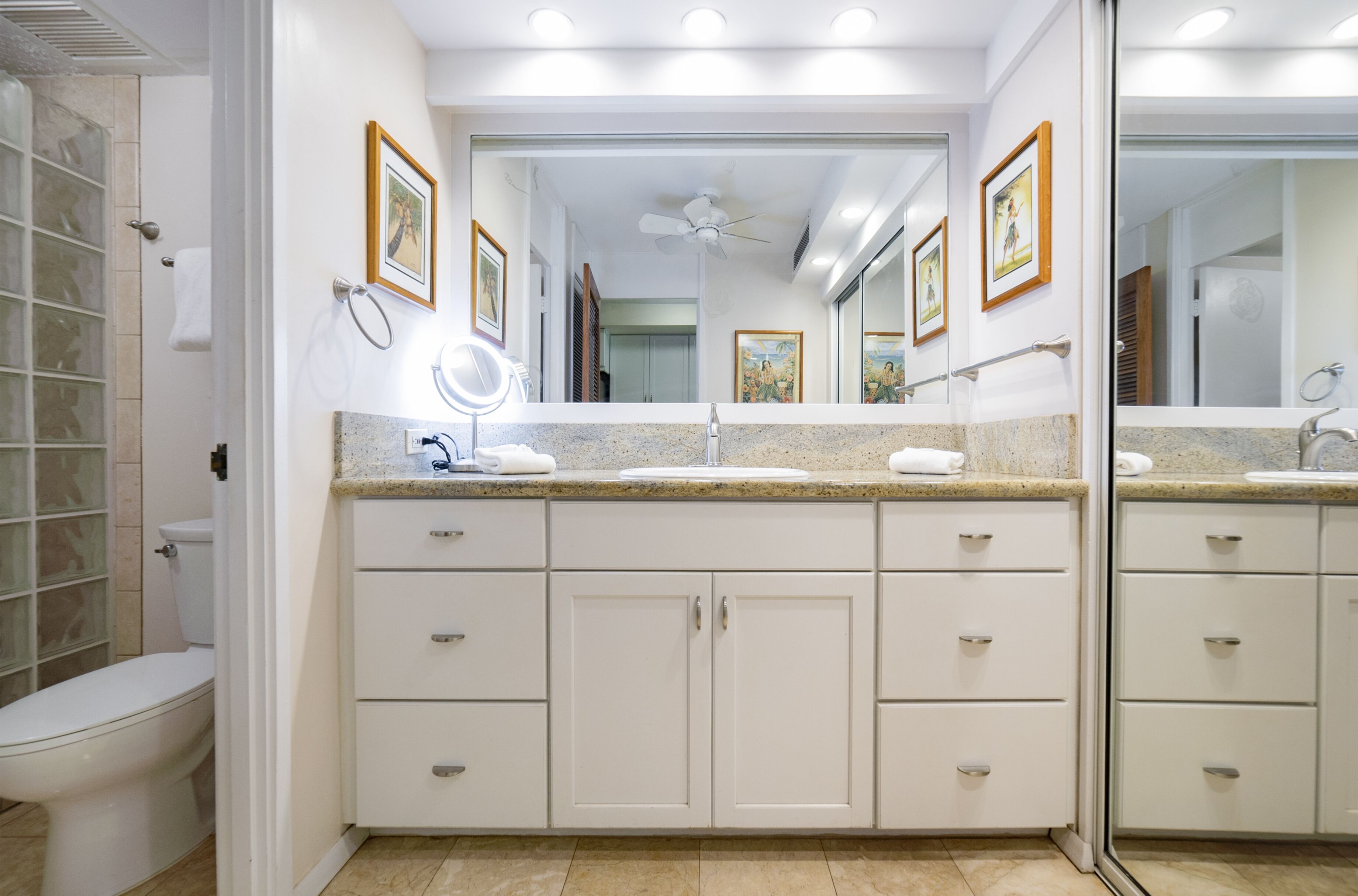 A bathroom with a white vanity, a mirror, a toilet, and a shower area.