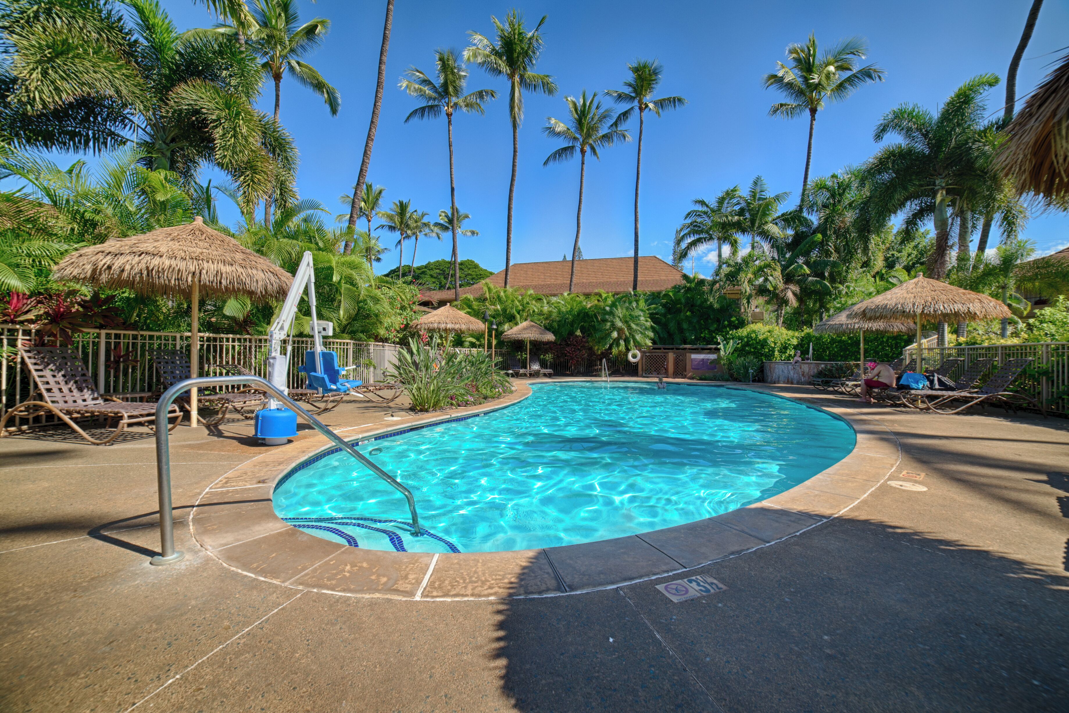 A swimming pool with a metal ladder, surrounded by lounge chairs and thatched umbrellas, with palm trees in the background.