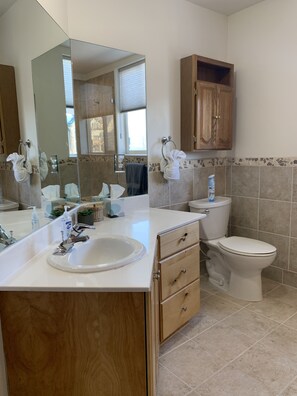 Badkar/dusch, hårtork, handdukar och tvål